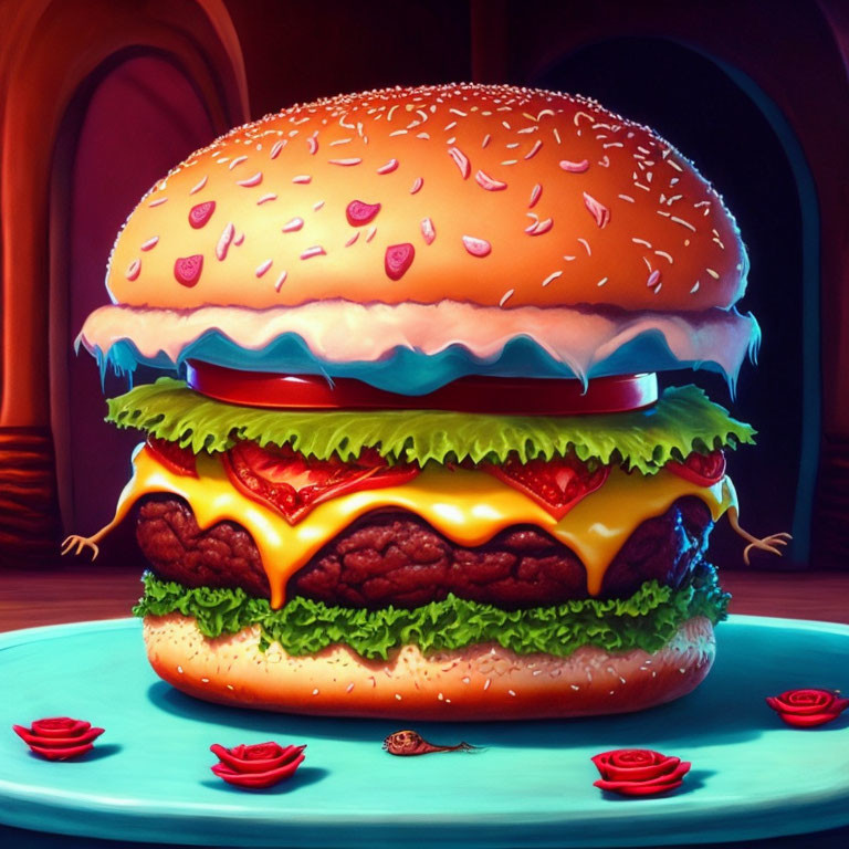 Whimsical large burger illustration with arms and roses