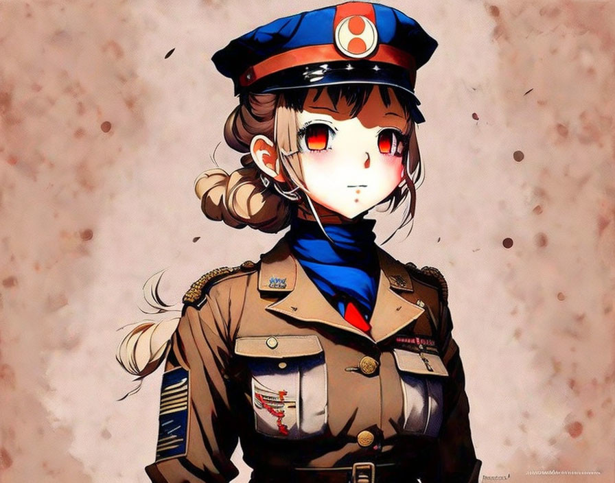 Animated female character with red eyes, ponytail, military uniform, and beret.