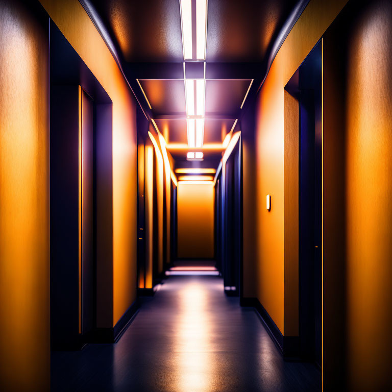 Modern Hallway with Yellow and Black Walls, Ceiling Strip Lights, and Glossy Floor