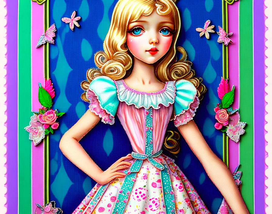Blonde doll-like girl in frilly pink dress with blue eyes