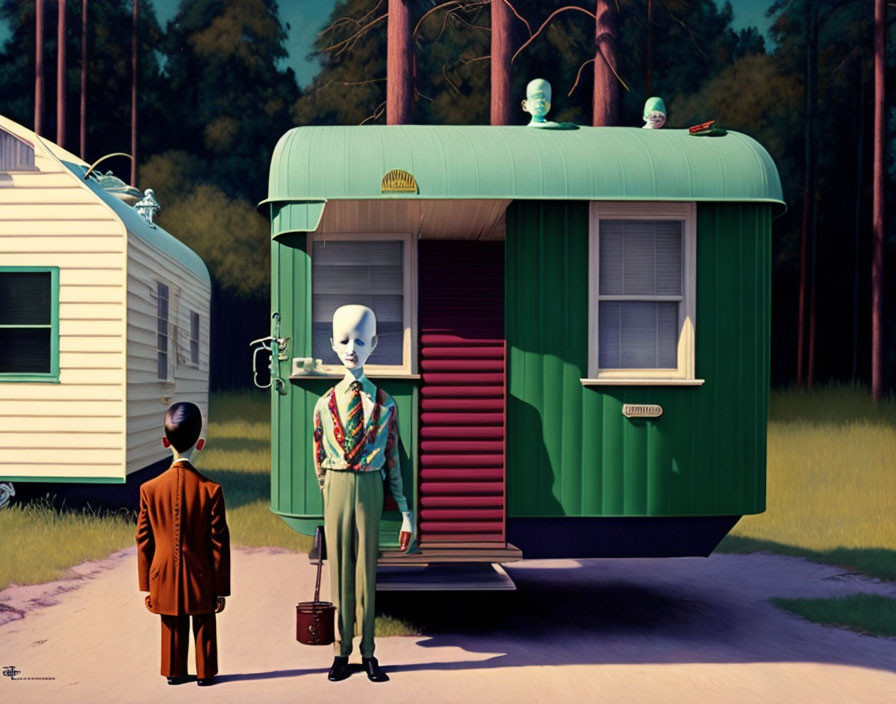 Person in suit with briefcase meets aliens at retro trailer in forest clearing