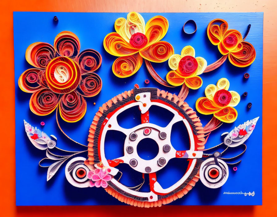 Colorful Paper Quilling Artwork: Floral Patterns with White Cogwheel on Blue Background