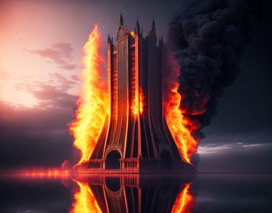 Gothic Cathedral in Flames with Reflection and Smoke at Twilight