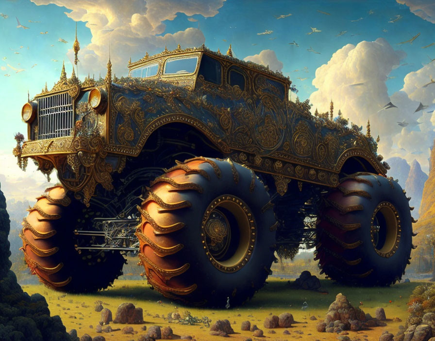 Giant Monster Truck with Ornate Decorations in Fantasy Landscape
