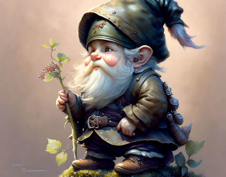Illustration of smiling gnome with long white beard and green attire observing sprouting plant