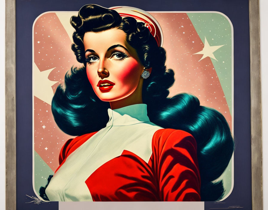 Vintage illustration of woman with wavy hair in red and white outfit with star-spangled background