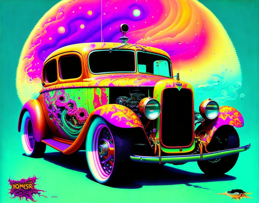 Colorful Psychedelic Classic Car Illustration with Abstract Patterns