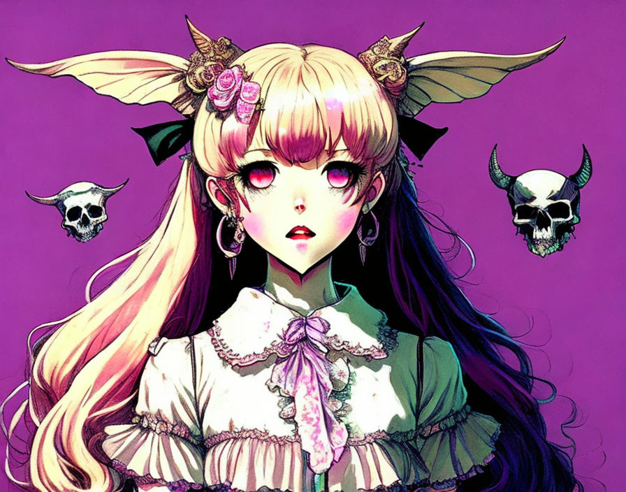Blond-Haired Girl with Red Eyes and Horns on Purple Background