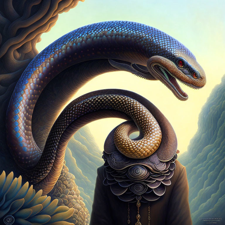 Detailed illustration: Large blue-scaled snake with realistic head and hypnotic red eyes coiled on rocky