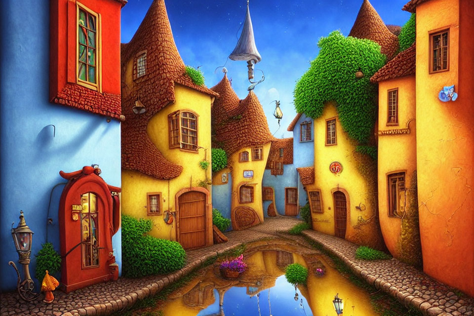 Colorful Stylized Village with Cobblestone Street and Water Canal