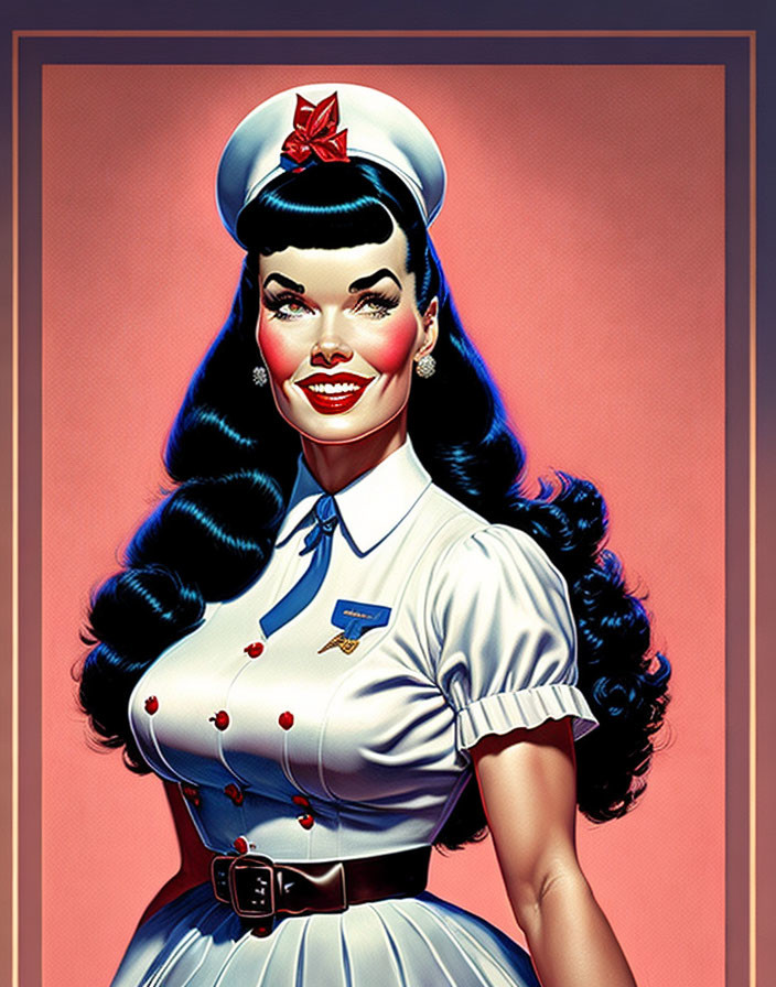 Vintage-style nurse illustration in classic blue and white uniform with red cross