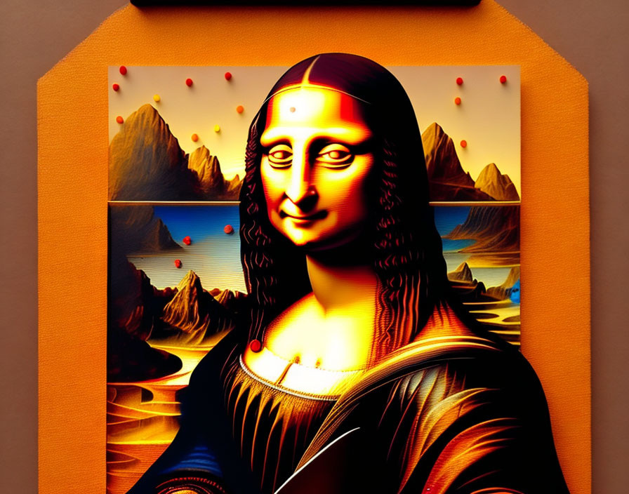 Vivid orange digital Mona Lisa against surreal landscape