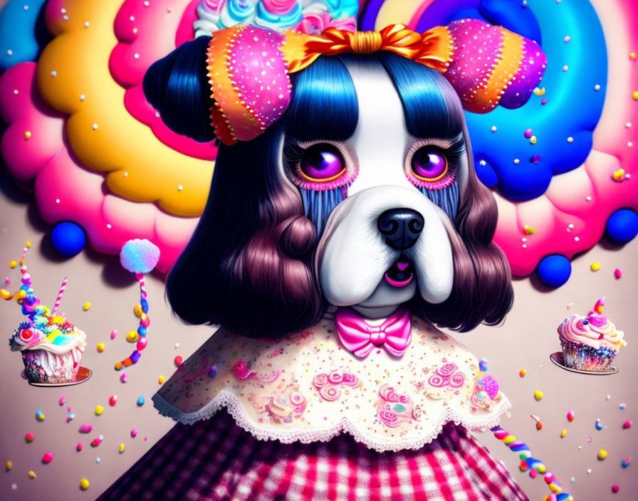 Whimsical digital artwork: Dog with human-like features, purple eyes, colorful balloons, cupcakes