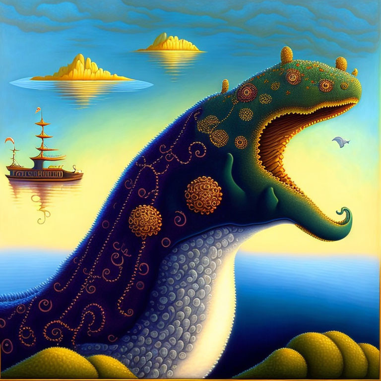 Surreal painting featuring sea creature with reptilian head, sailing ships, and floating islands