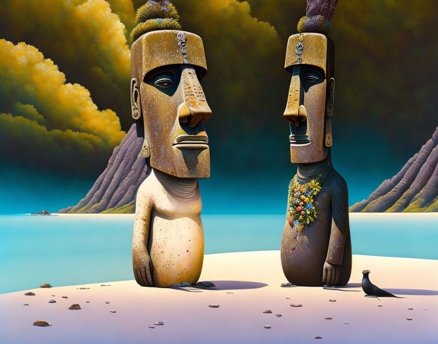 Surreal artwork of Moai statues with human features on beach with flowers, water, and yellow