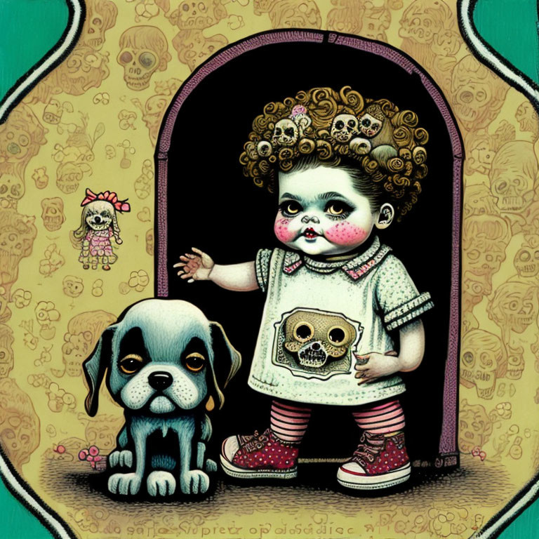 Whimsical stylized girl with dog leash and skull patterns