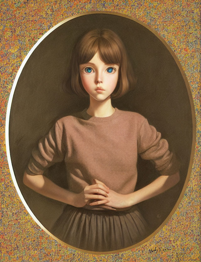Portrait of young girl with blue eyes, bob haircut, pink blouse, pleated skirt, in circular