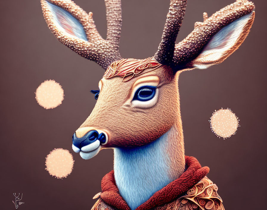 Stylized digital deer illustration with intricate patterns and blue eyes on brown background.