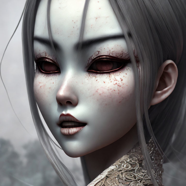 Digital artwork of a female character with pale skin, red eyes, gray hair, and freckles