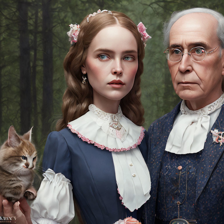Young woman and older man with kitten in forest setting.