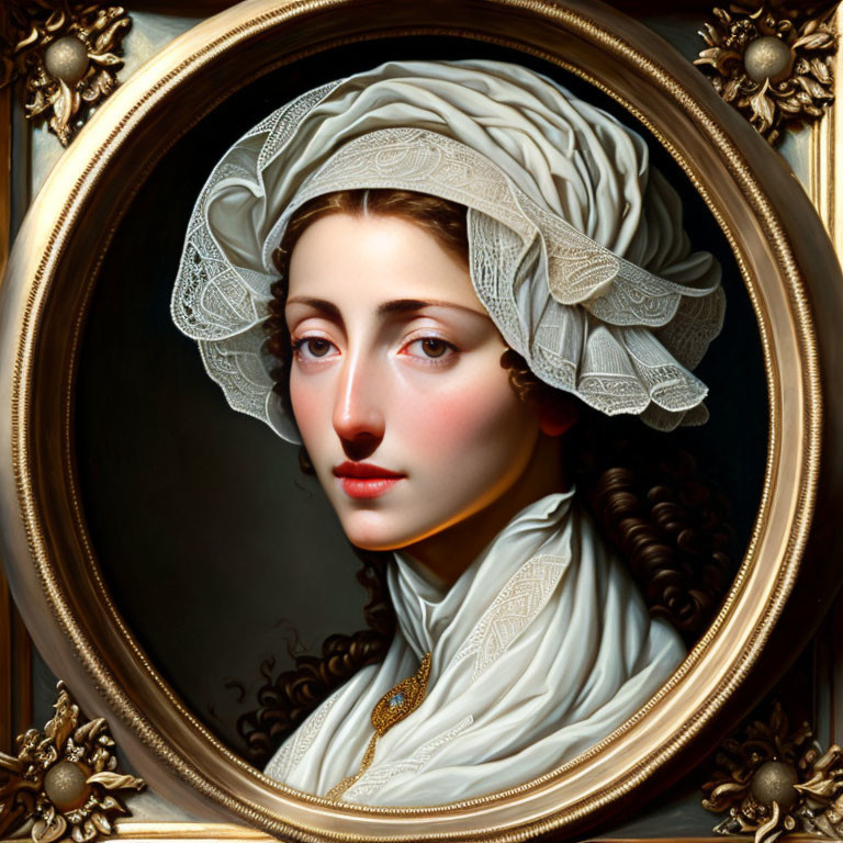Detailed portrait of a woman in white headscarf and lace in gold frame
