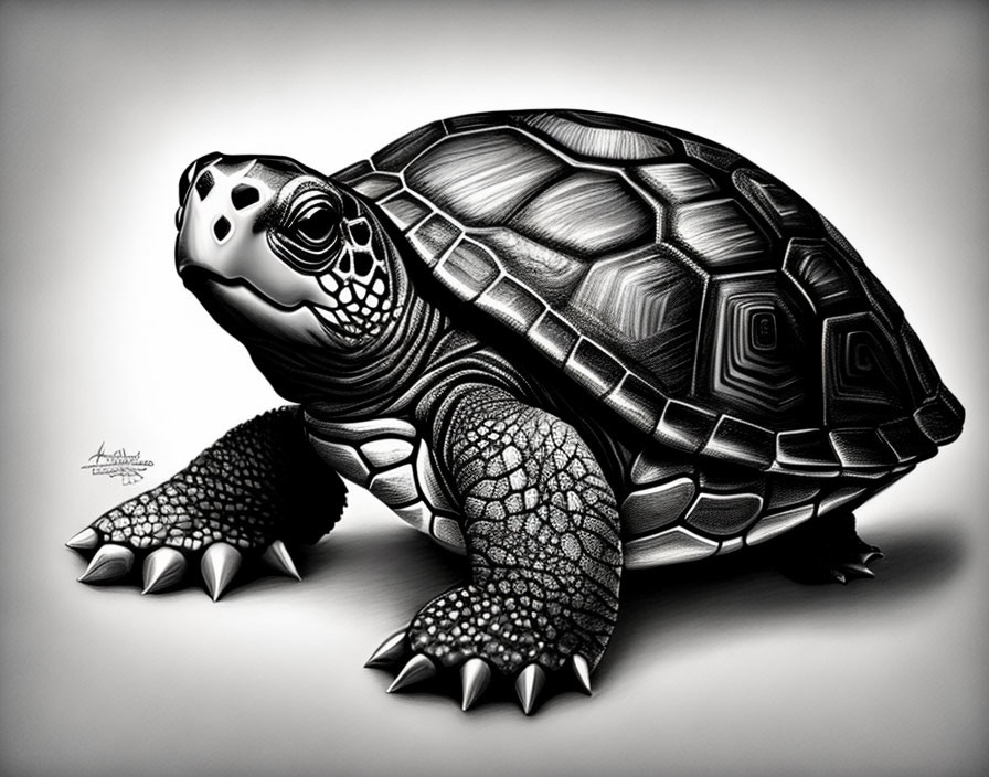 Detailed Tortoise Illustration with Textured Shell in Monochrome
