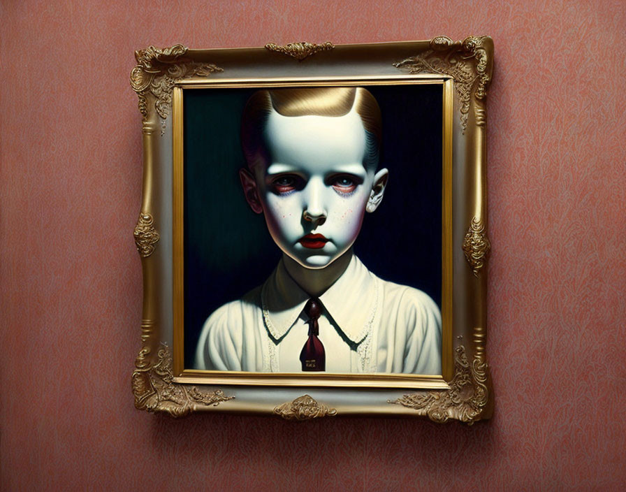 Surreal portrait: pale boy with blue eyes and blonde hair in gold frame on red background