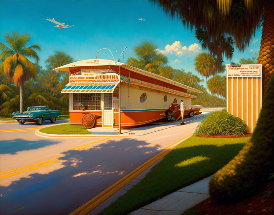 Colorful vintage diner painting with roadside, palm trees, classic car, and plane.