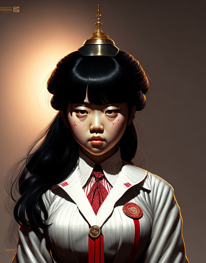 Digital art of stern girl with dark hair and red freckles in white and red uniform.