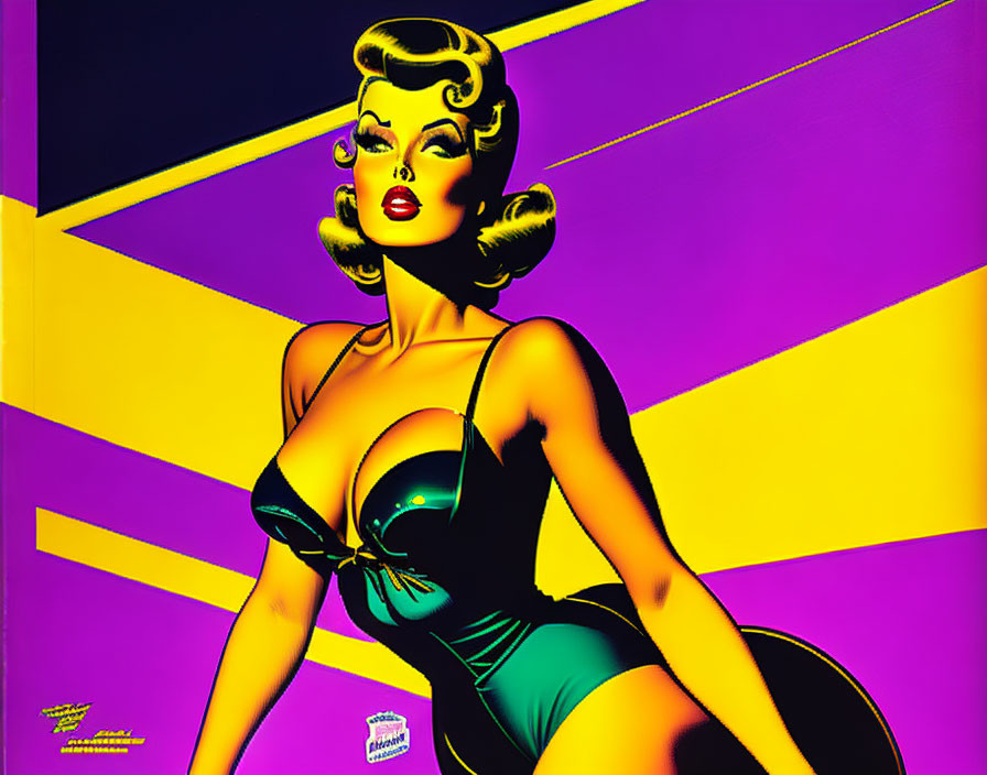 Stylized blonde woman in vintage black swimsuit on purple and yellow geometric backdrop