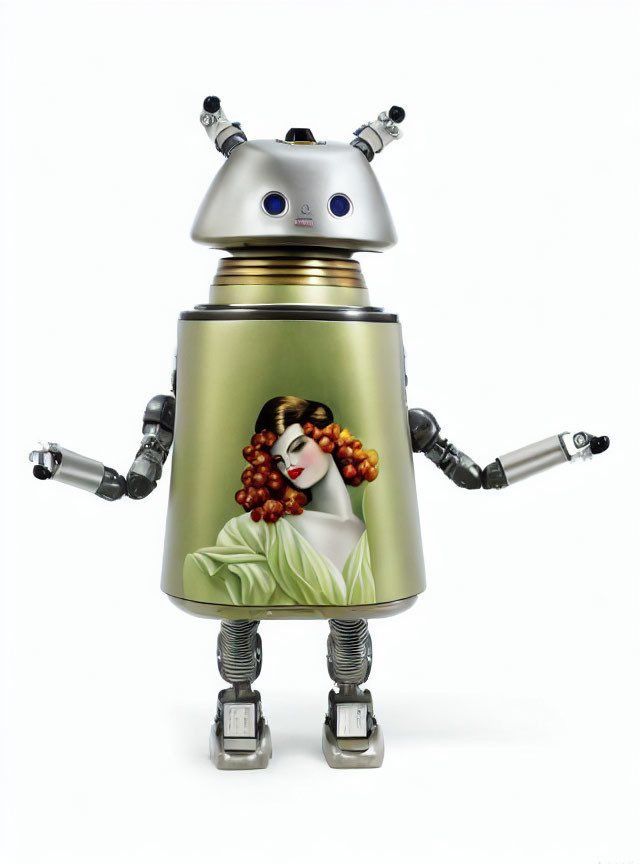 Whimsical robot with classic painting on metal body