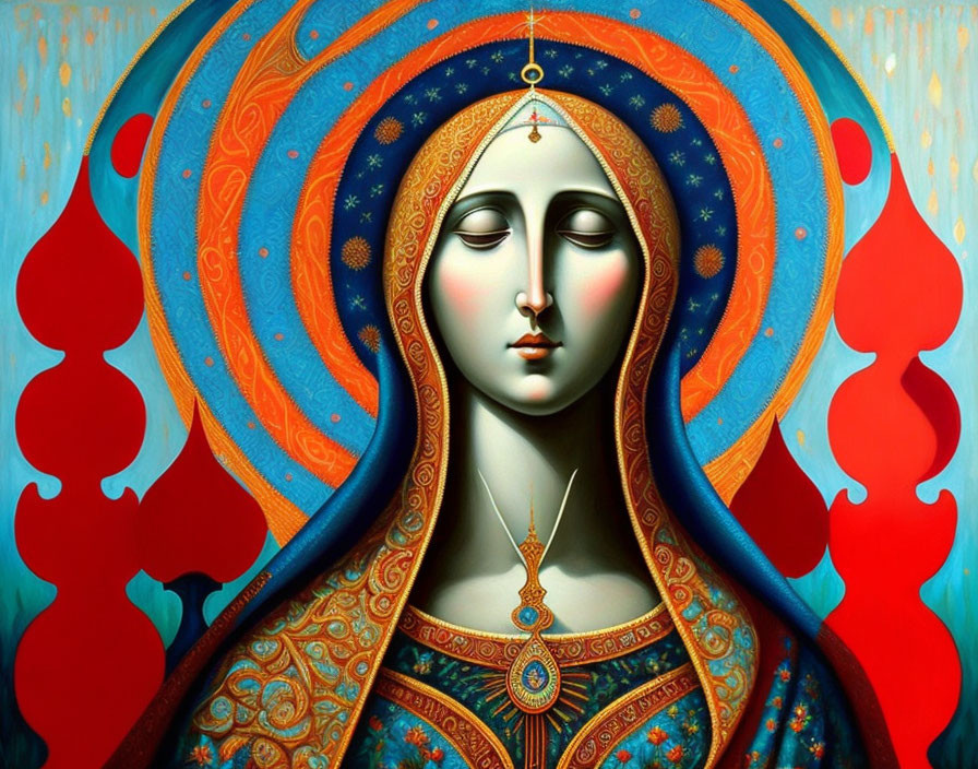 Stylized painting of Virgin Mary in ornate blue robes and halo with stars