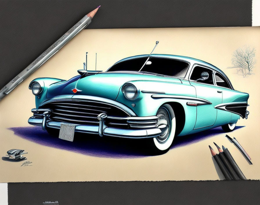 Detailed colored drawing of classic car with teal and white paint and realistic reflection, displayed with pencils.