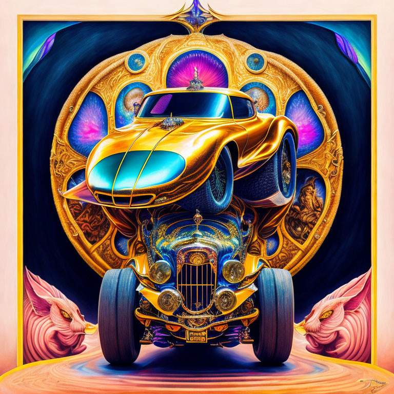 Colorful Psychedelic Hot Rod Illustration with Eye-like Patterns