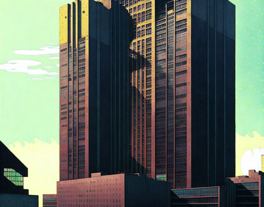 Stylized illustration of sunlight on skyscrapers in teal sky