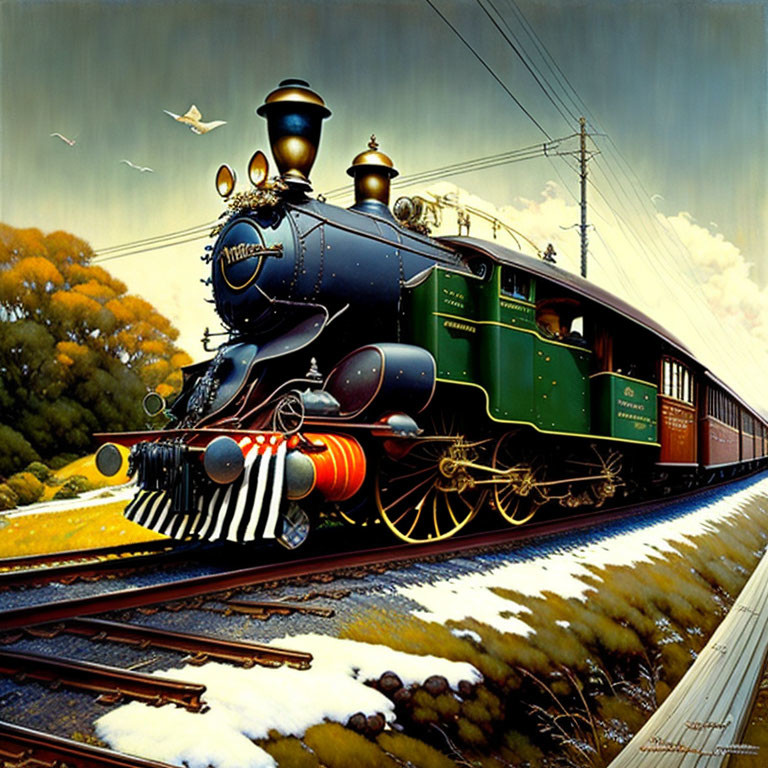 Colorful painting of green steam locomotive on tracks with birds and cloudy sky