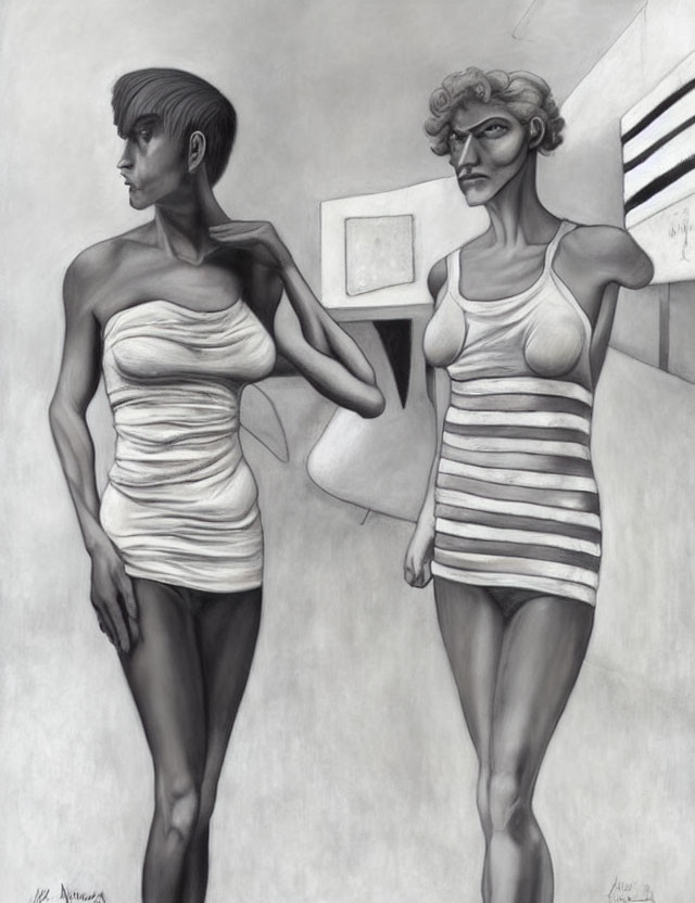Stylized figures in tight, striped garments in monochromatic setting