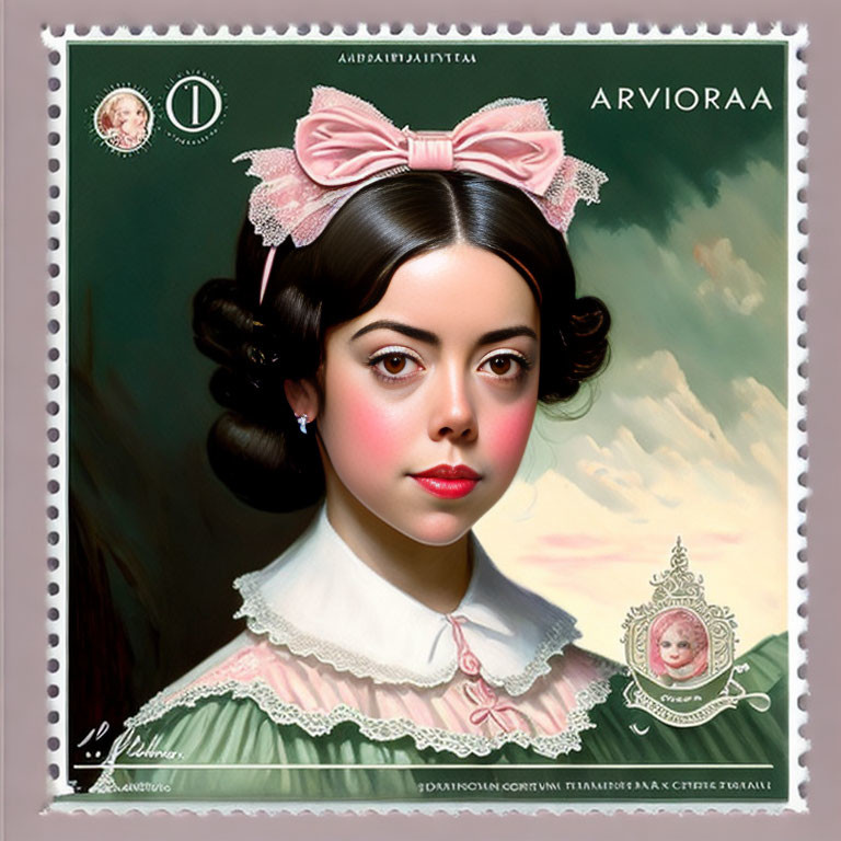 Stylized portrait of woman with pink bow and ruffled collar on ornate postage stamp