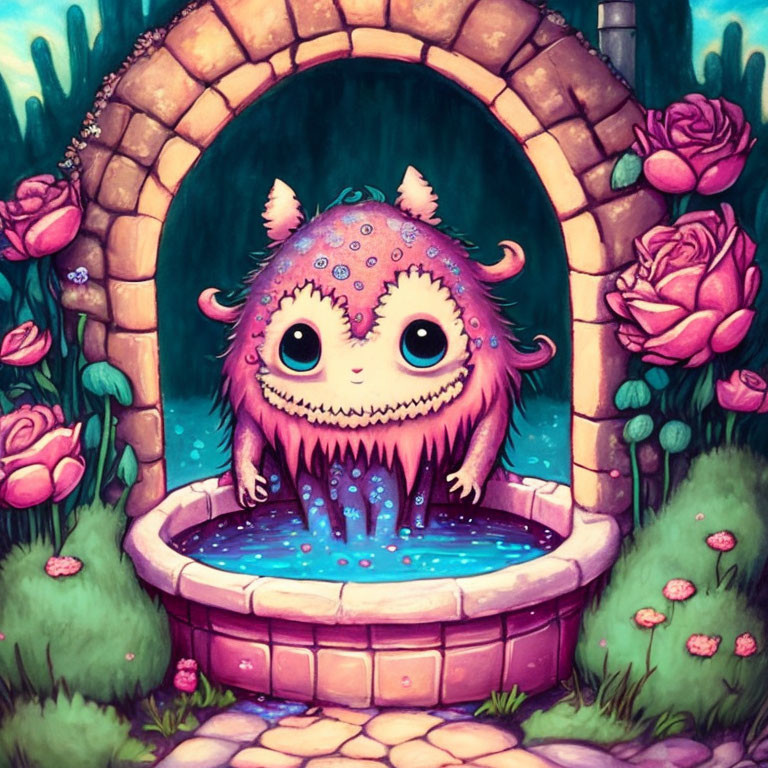 Pink and Purple Spotted Creature in Stone Well Amid Lush Greenery