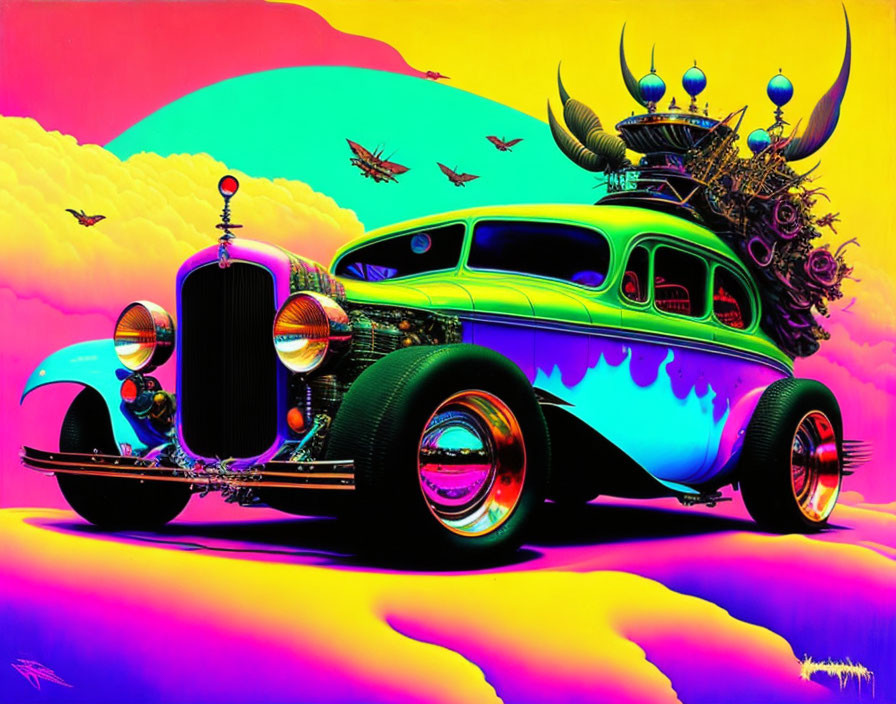 Colorful Psychedelic Artwork of Exaggerated Classic Car and Neon Landscape