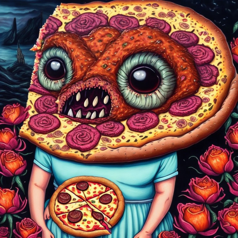 Surreal illustration of figure with pizza slice body and pepperoni eyes