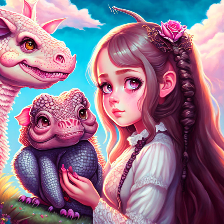 Girl with braided hair and rose, two whimsical dragons in pink sky