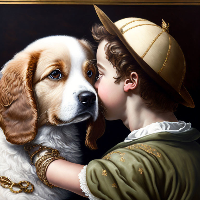 Child in Vintage Attire with Gentle Dog Showing Companionship