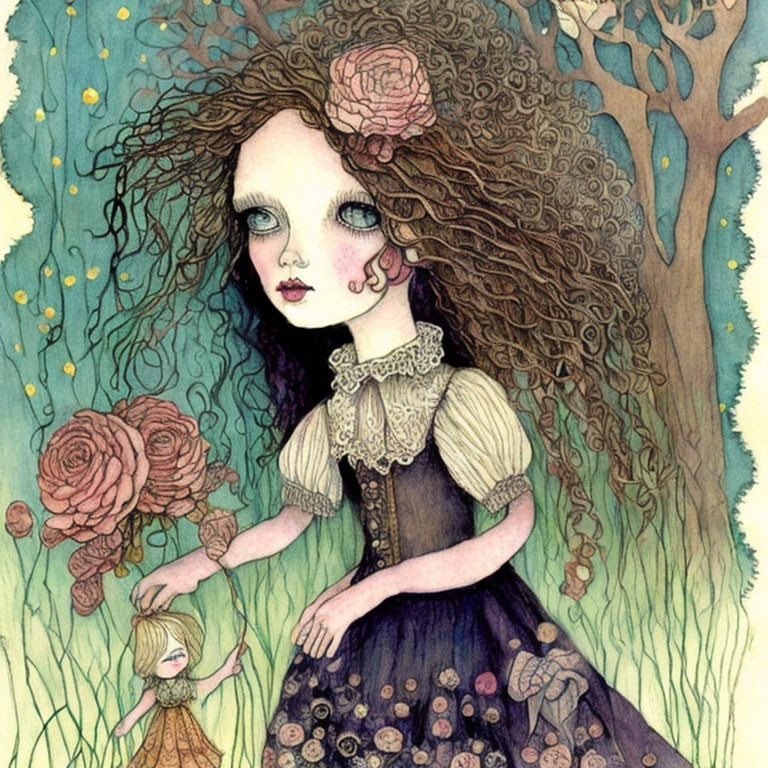 Girl with Curly Hair in Whimsical Forest Holding Rose, with Mimicking Figure