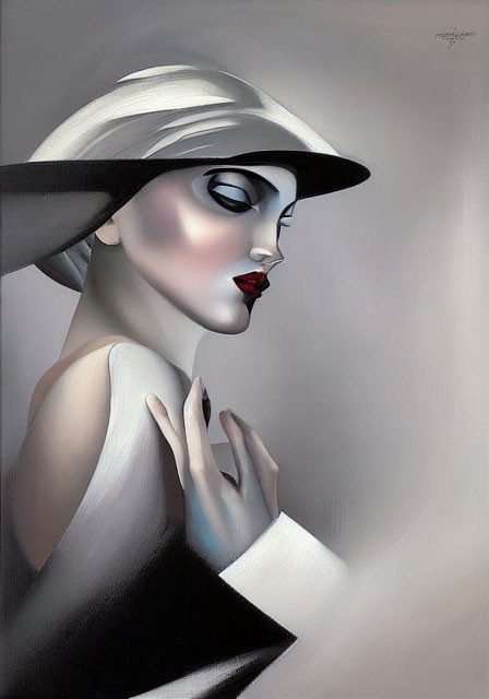 Stylized painting of woman with pale skin, red lips, dark eyes, wide-brimmed