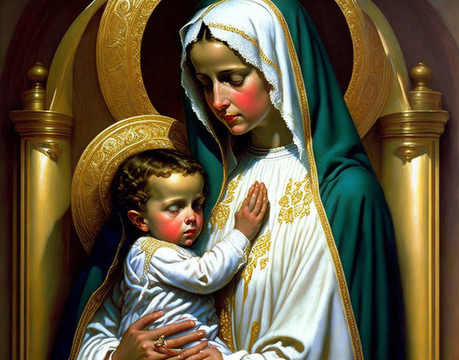 Religious painting of Virgin Mary and baby Jesus with halos on golden arched backdrop