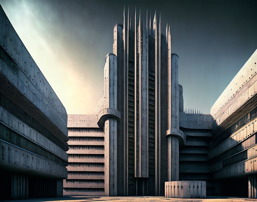 Futuristic building with tall spires and concrete structures under dramatic sky