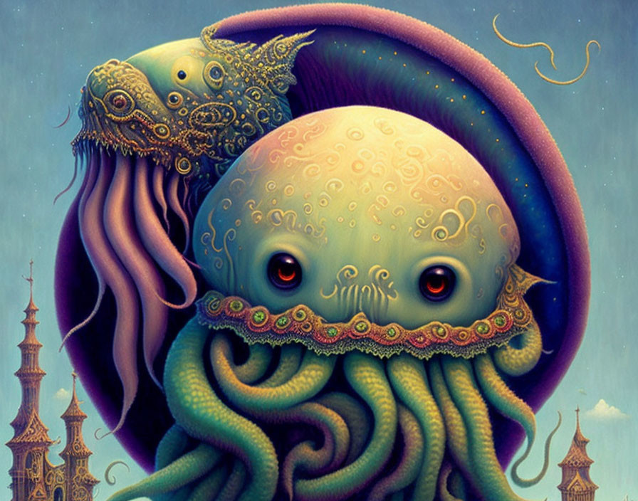 Stylized octopus art with ornate patterns and multiple eyes
