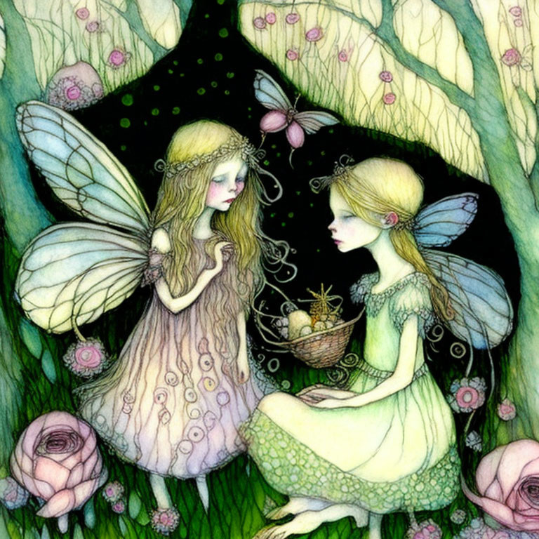 Ethereal fairy characters in enchanting garden with pink roses