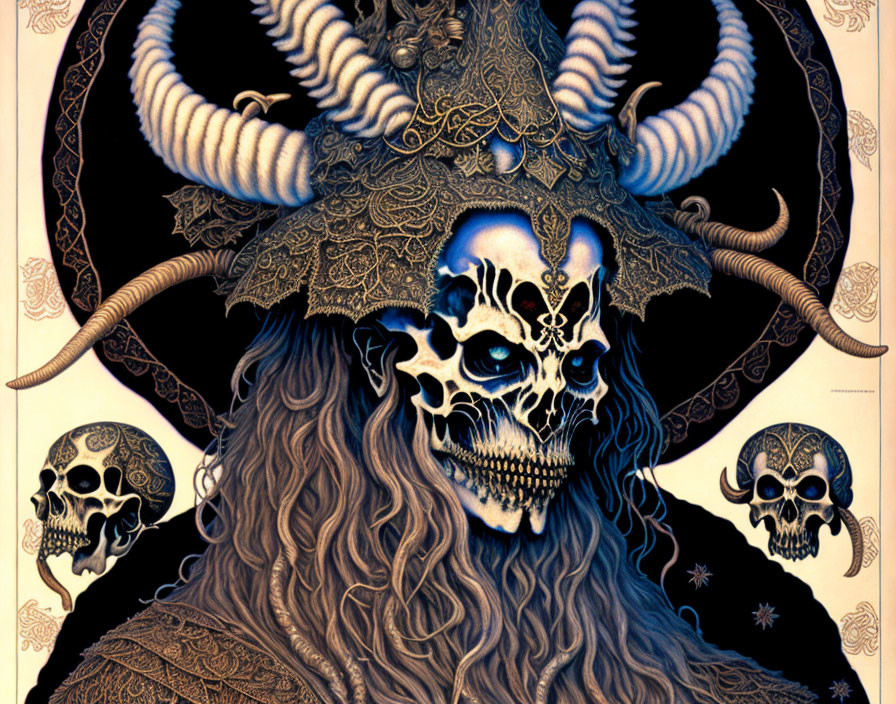 Detailed Skull Artwork with Horns and Headdress Design